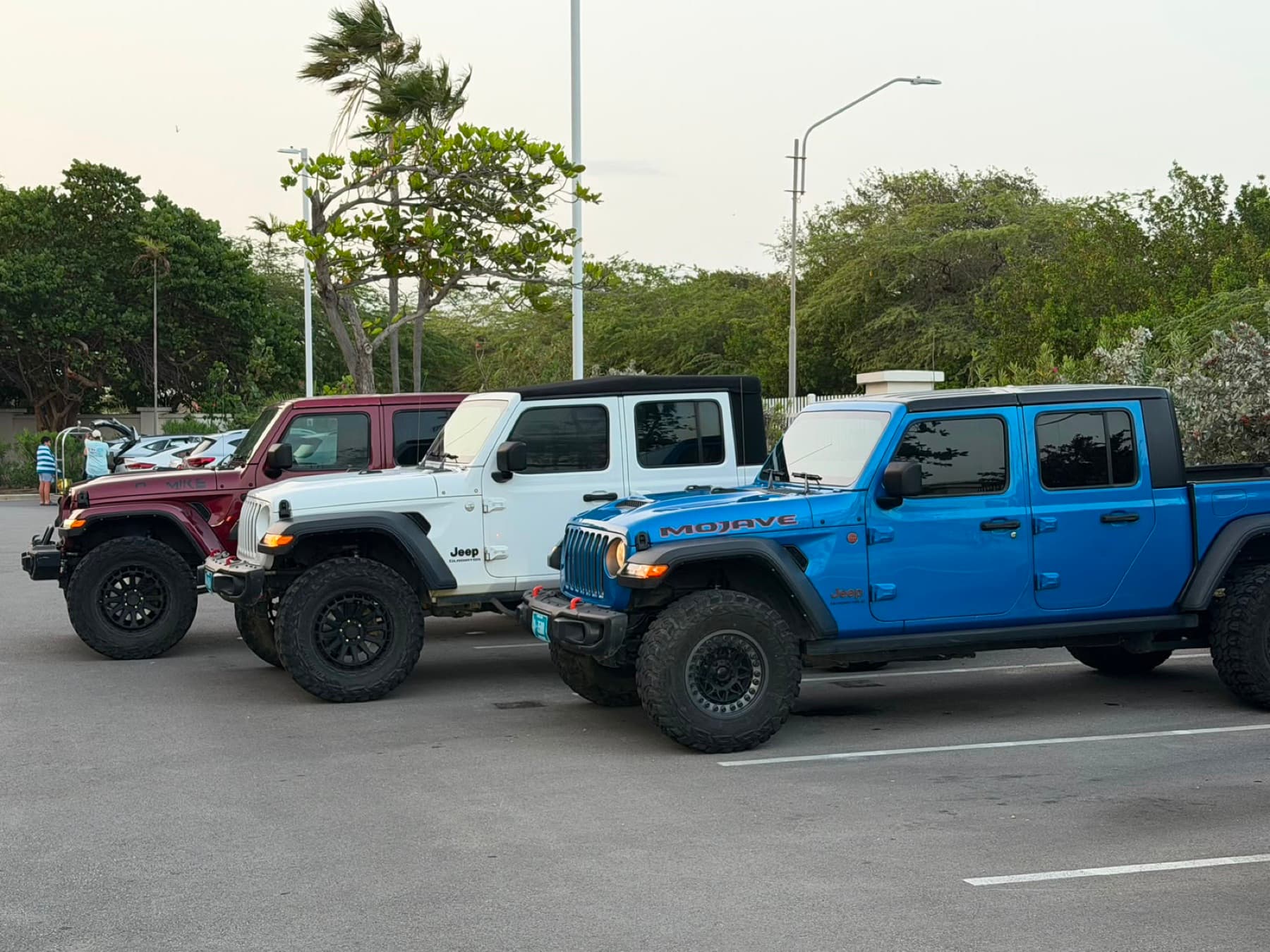 Three Jeeps parked in a row in a car park
