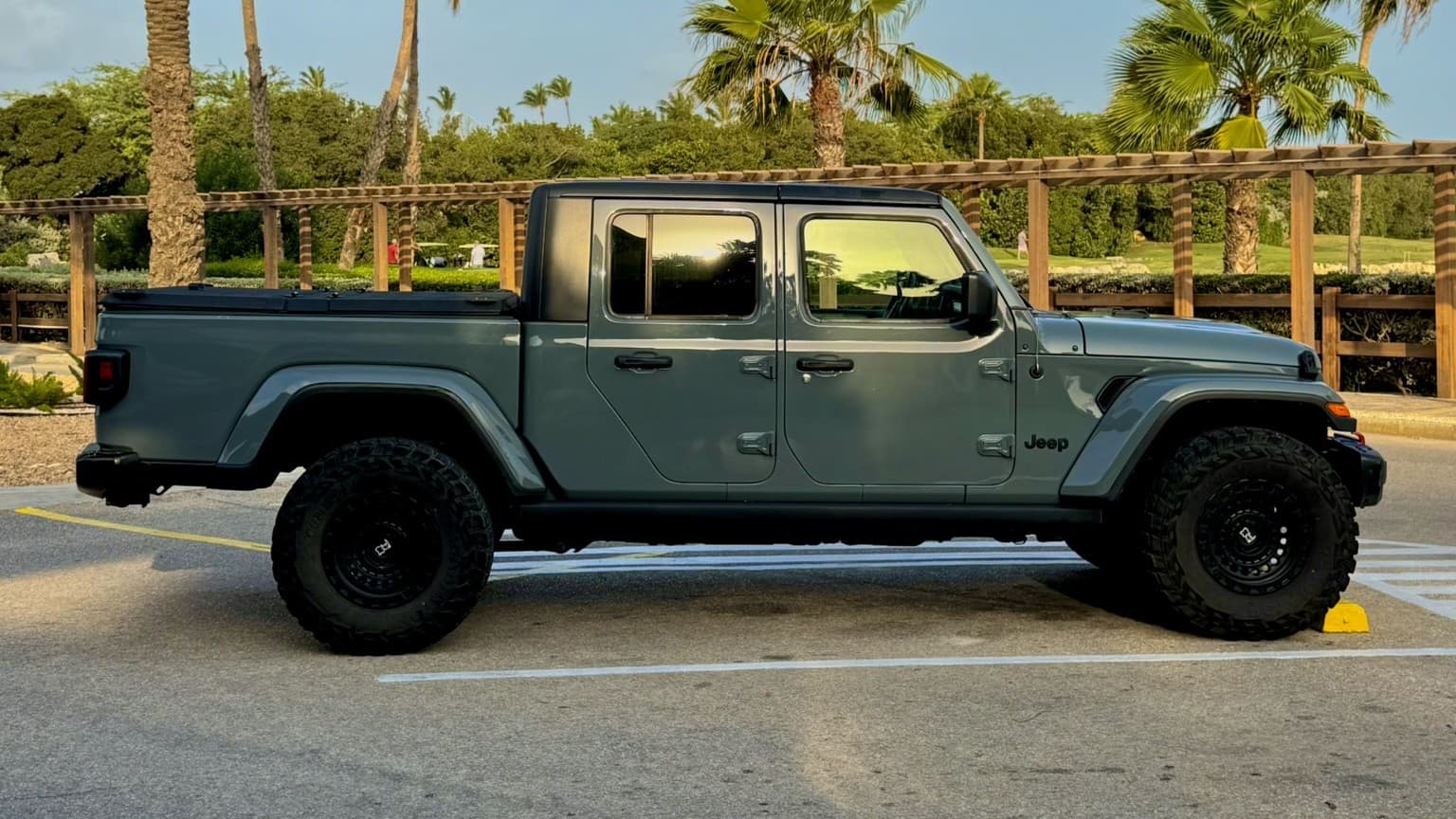 A gray Jeep Gladiator parked in profile under palm trees in Aruba