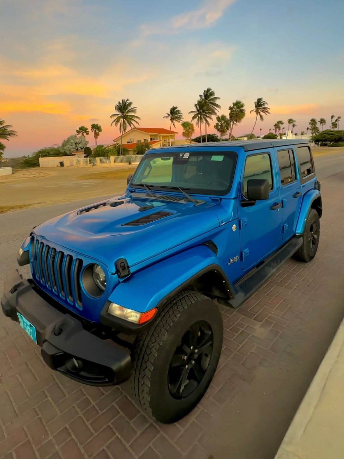 Blue Jeep Wrangler at sunset under the palms