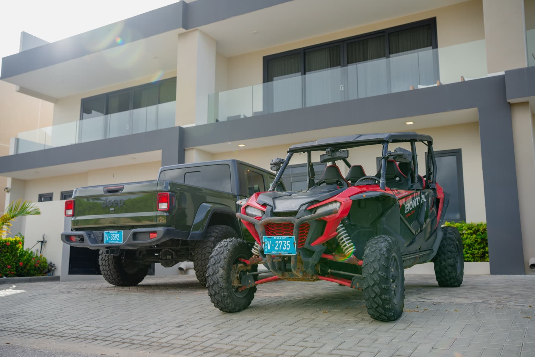 UTVs lined up outside the Real Deal base